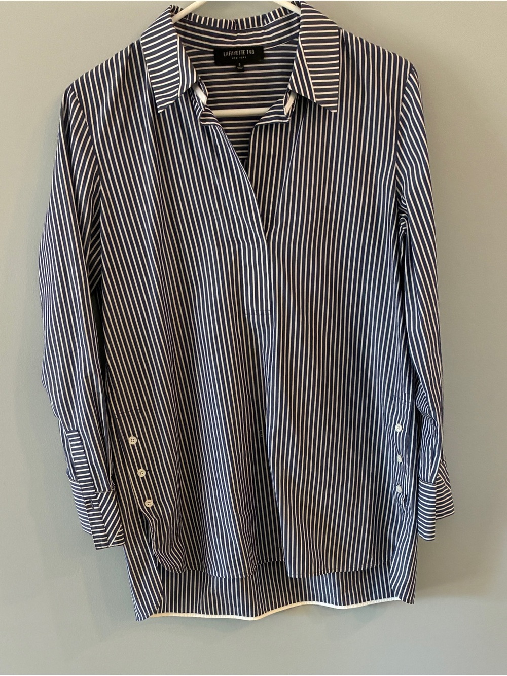 Lafayette 148 New York Navy and White Striped Button-Front Shirt